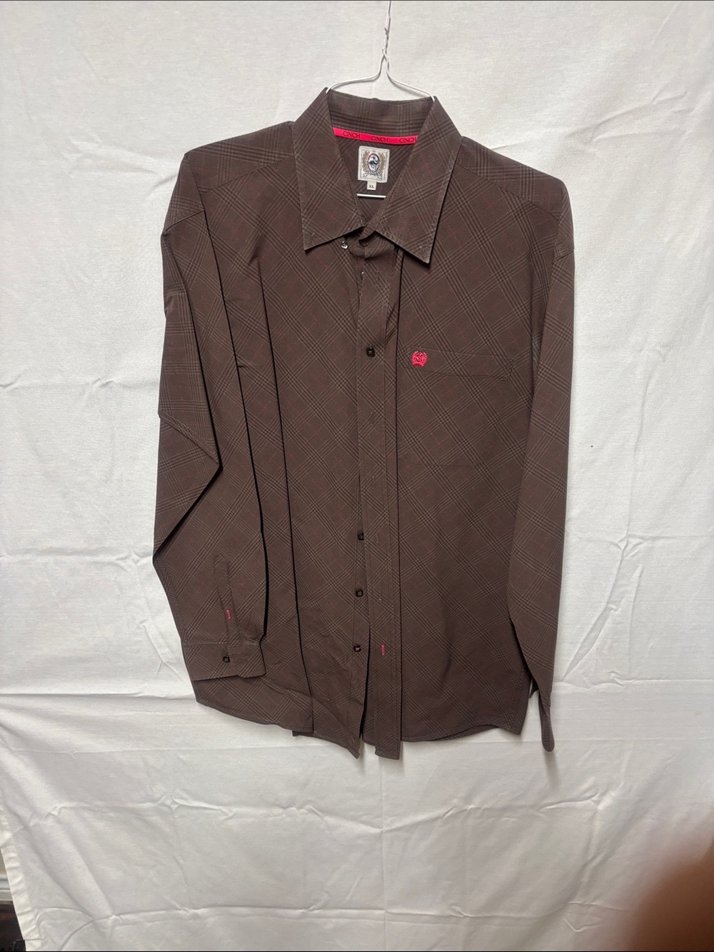 Cinch Brown Plaid Long-Sleeve Dress Shirt with Pink Logo